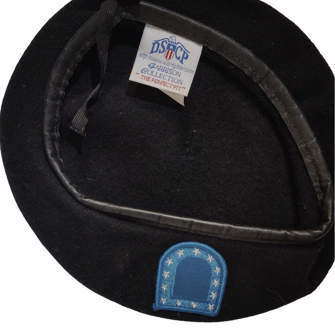 Army Beret Cap, Black, Size 6-3/4 w/ Army Blue Flash Patch, DSCP Garrison Collection, 100% Wool, EUC