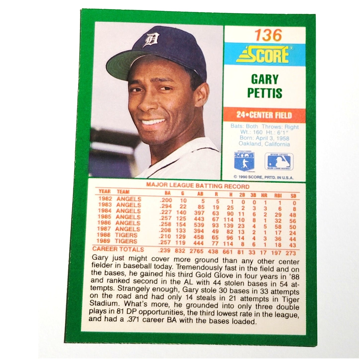 1990 Score Gary Pettis Card No. 136 Detroit Tigers CF VG/EX