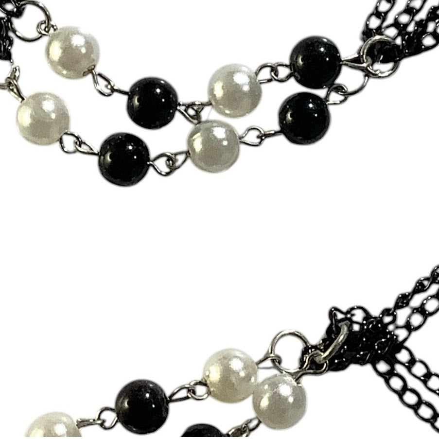 Elegant Loft Necklace Double Strand, Black & White Beads, Black Chain