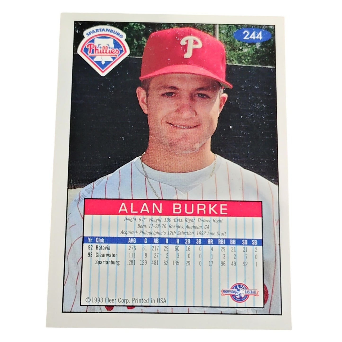 Alan Burke, Spartenburg Phillies, No. 244, 93-94 Fleer Excel Minor Leagues