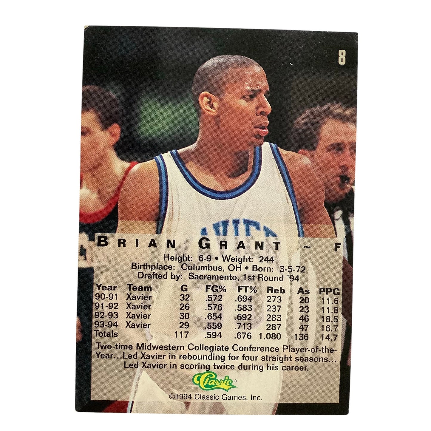 Brian Grant, Univ. Xavier (F), Classics 1994, 4Sport Card 8, EXC