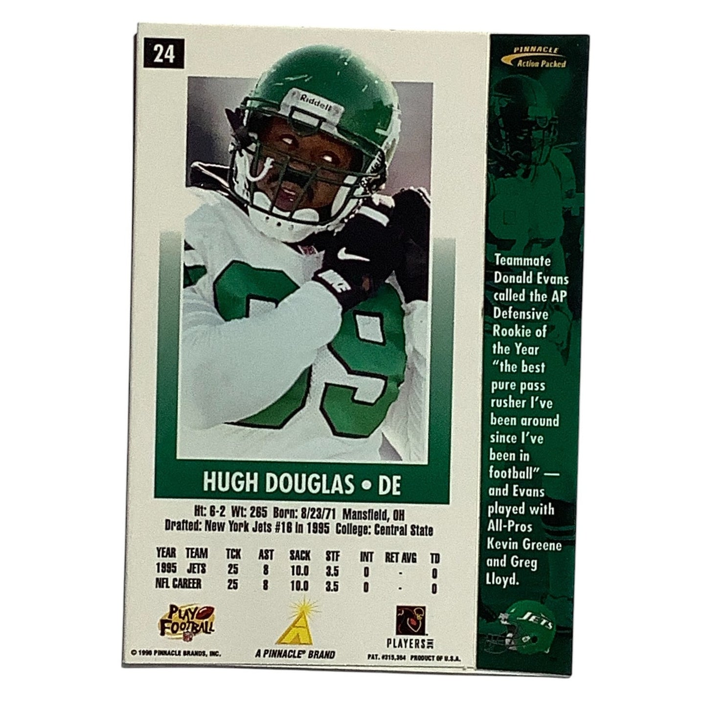 Hugh Douglas, New York Jets, NFL, Pinnacle 1996, Card 24, EX/NM