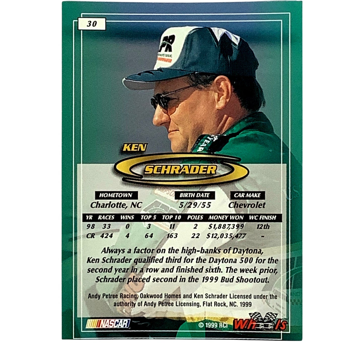 Ken Schrader, Andy Petree Racing, Card 30, 1999 Wheels NASCAR Winston Cup, NM+