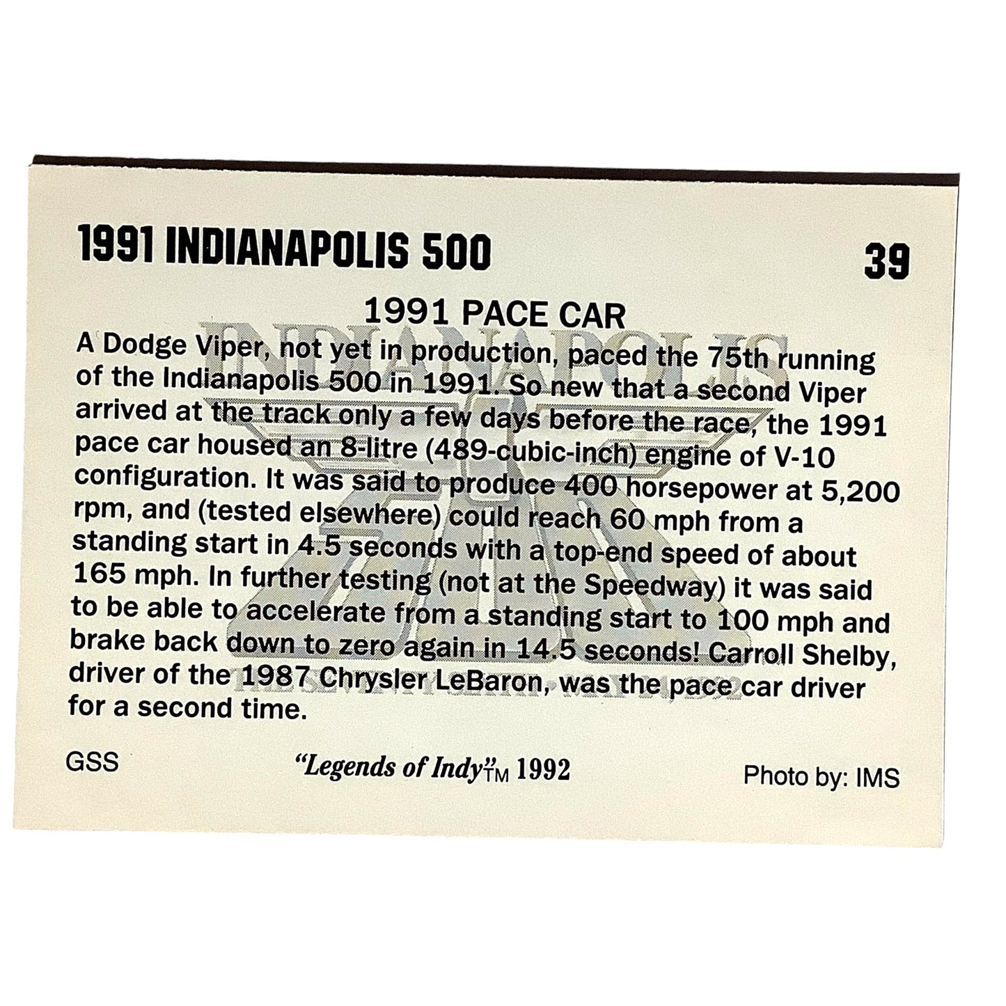 Dodge Viper Pace Car 1991 Indy 500, 1991 Action, 1992 Legends of Indy, Card #39