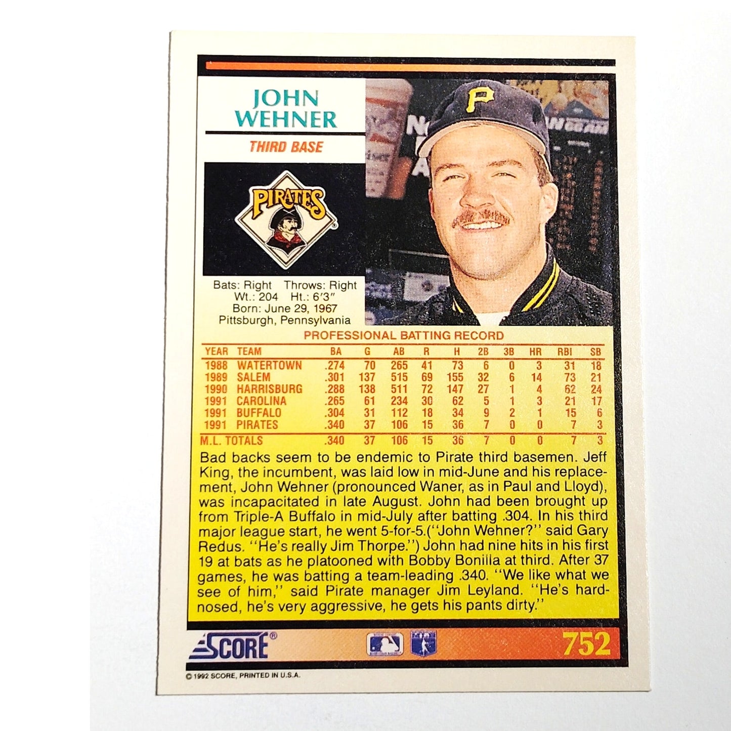 1992 Score John Wehner #752 Pittsburgh Pirates 3B Rookie Prospect Card NM