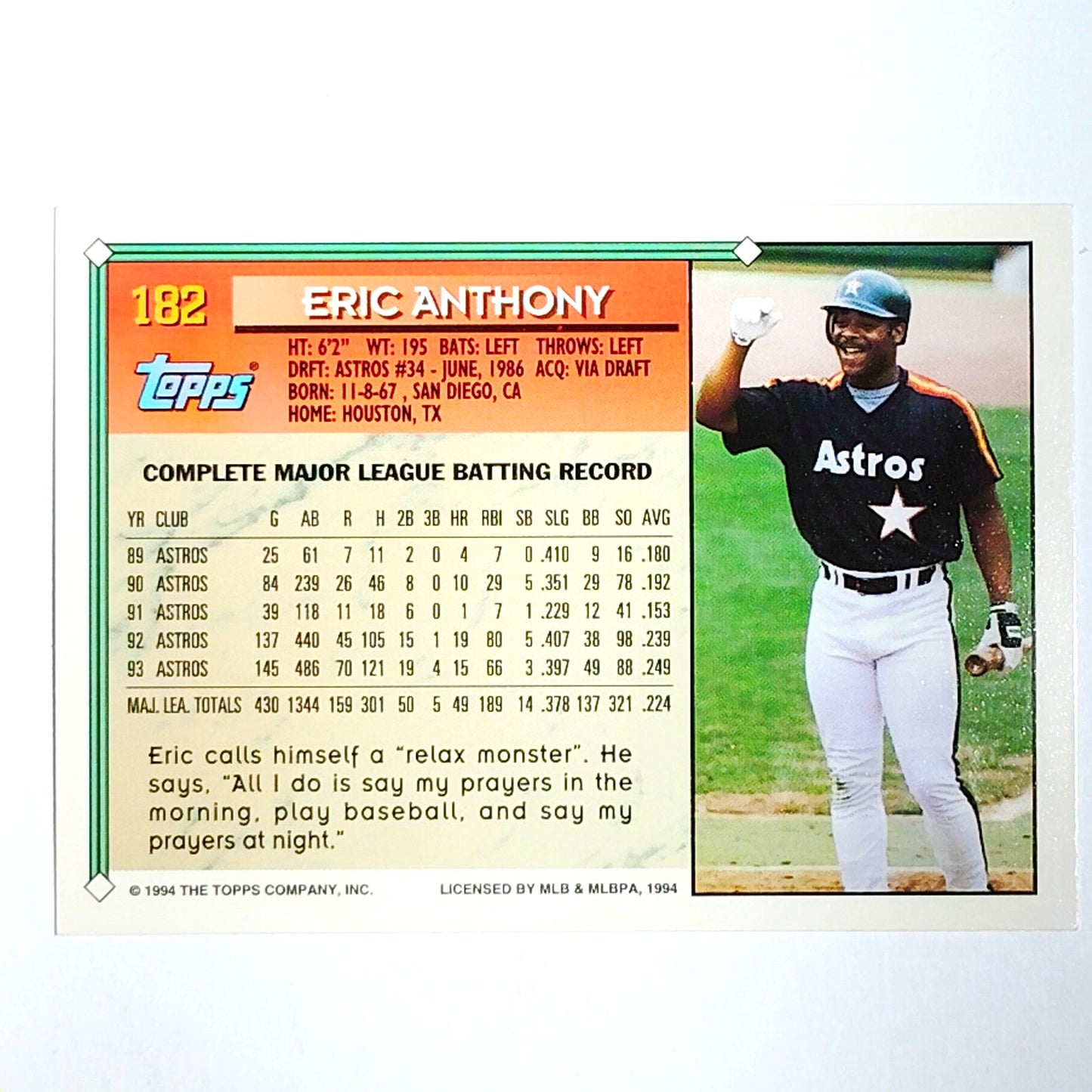 1994 Topps #182 Eric Anthony Houston Astros Outfielder - VG/EX