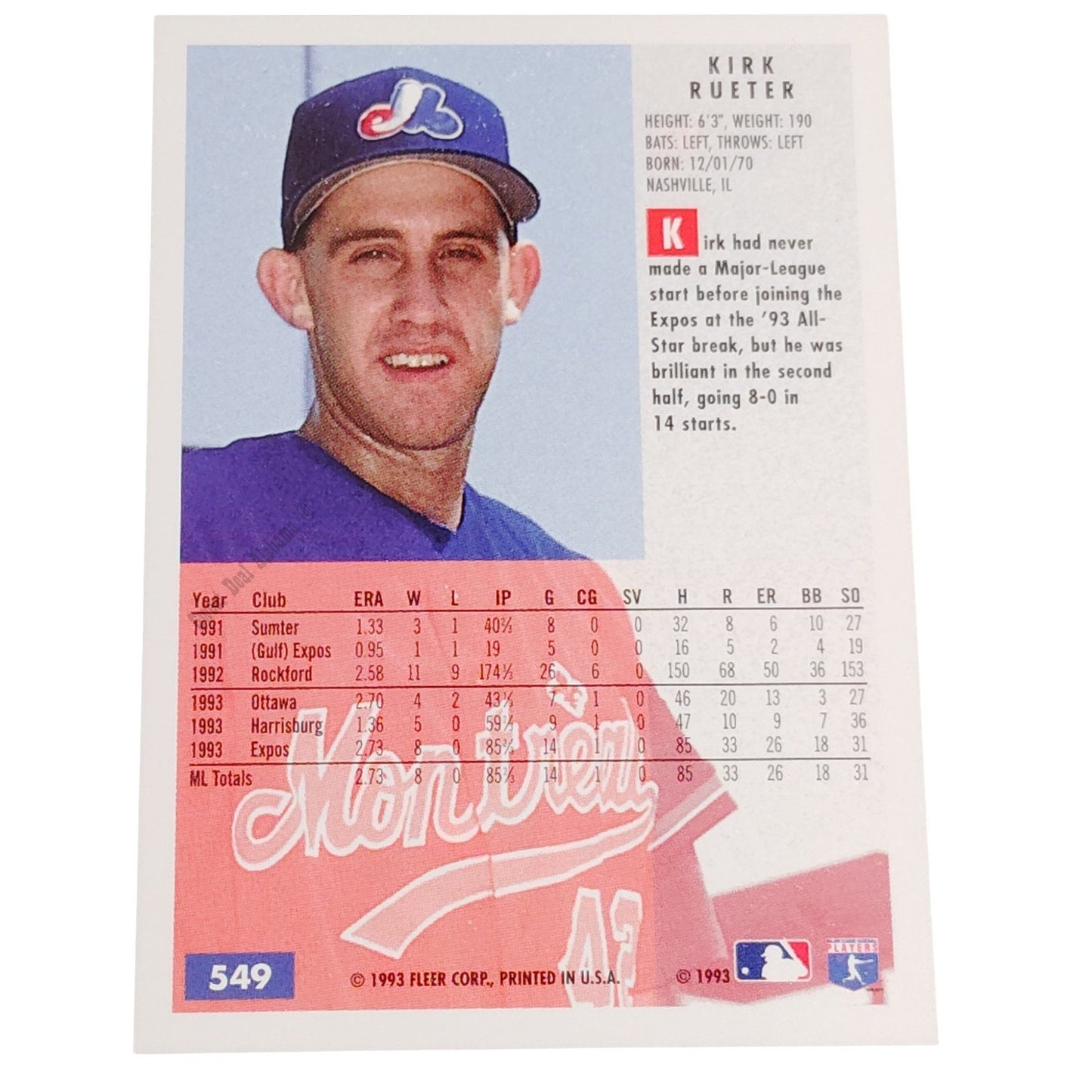 Kirk Rueter, Montreal Expos, #549, 1994 Fleer Baseball Collector's Card