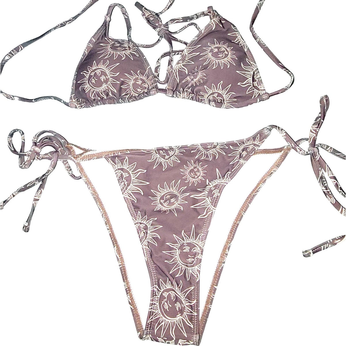 SOLY HUX 3 Piece Sun Print, Brown Halter Triangle Tie Side Bikini w/ Cover Up, M