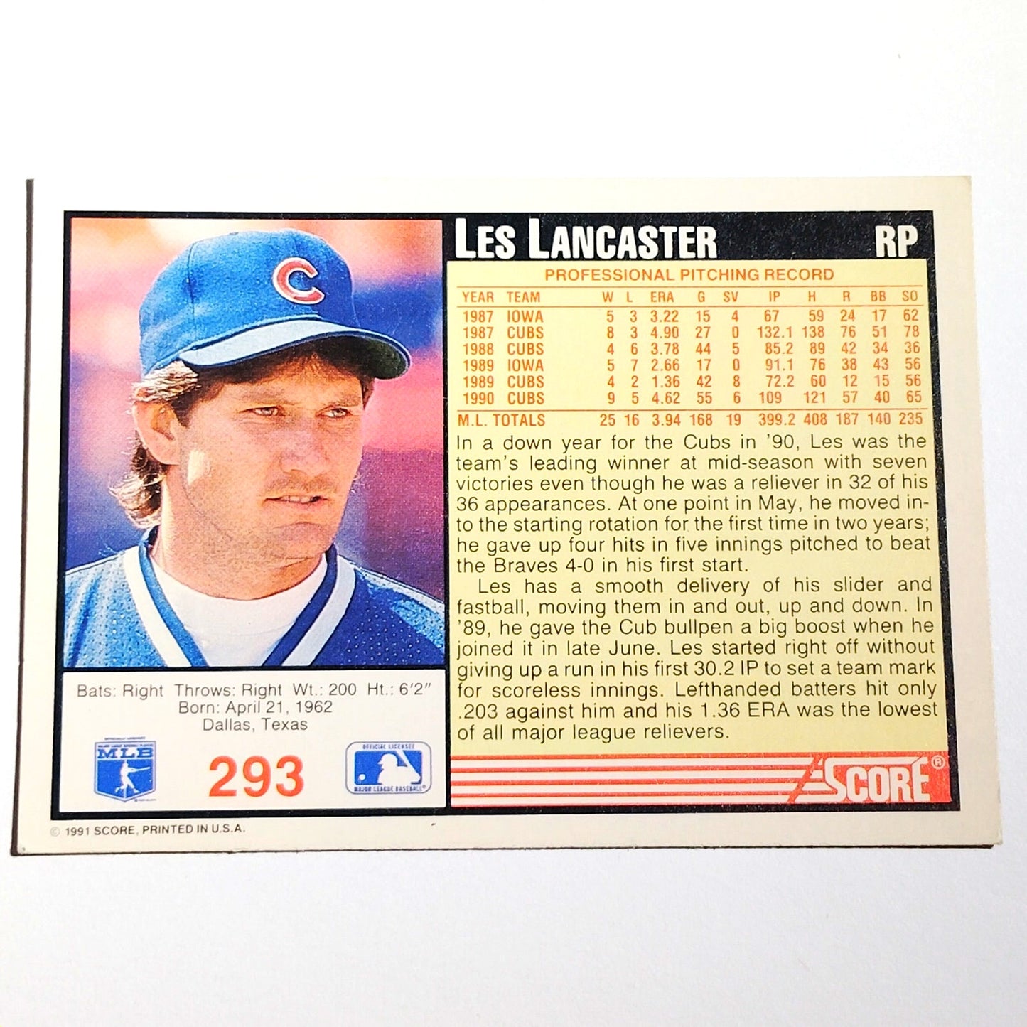 1991 Score Les Lancaster #293 Chicago Cubs Relief Pitcher MLB Baseball Card NM