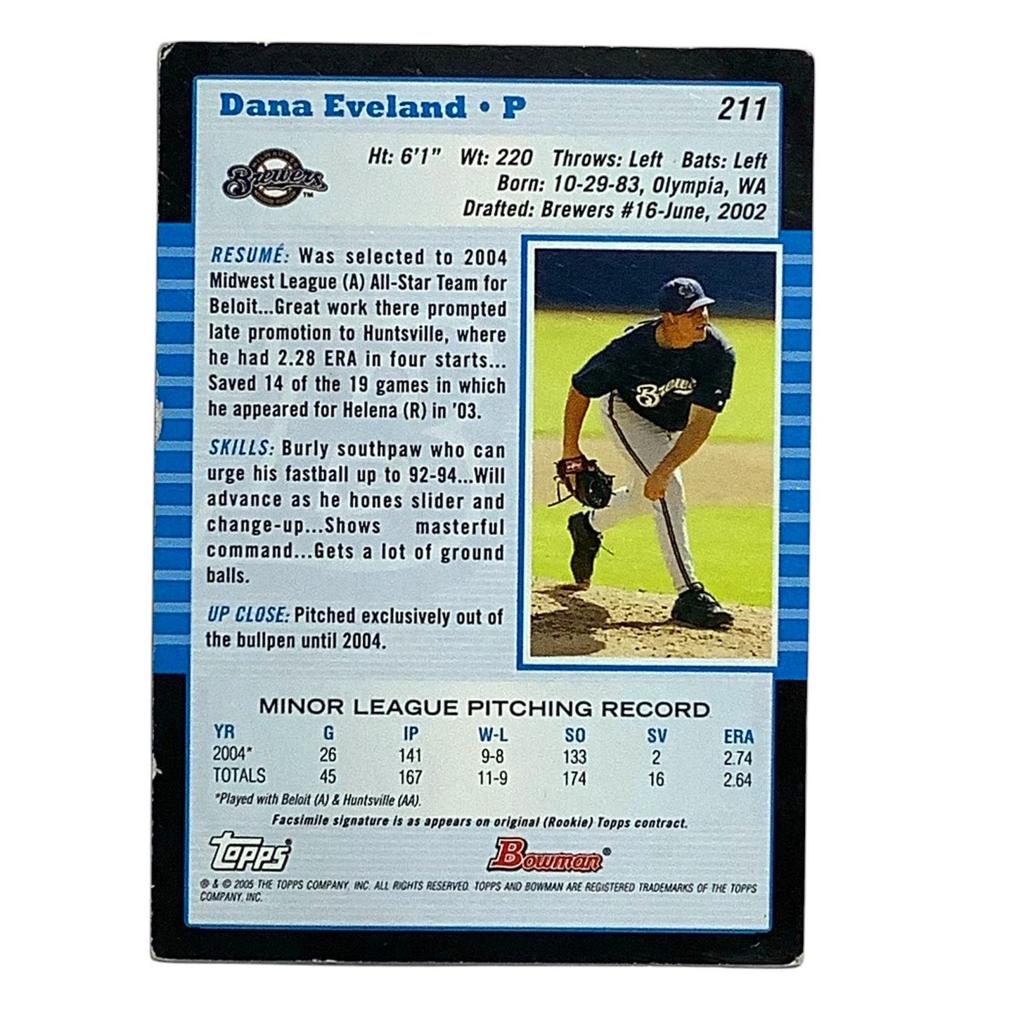 Dana Eveland, Milwaukee Brewers, MLB, Bowman 2005, Card 211, VG