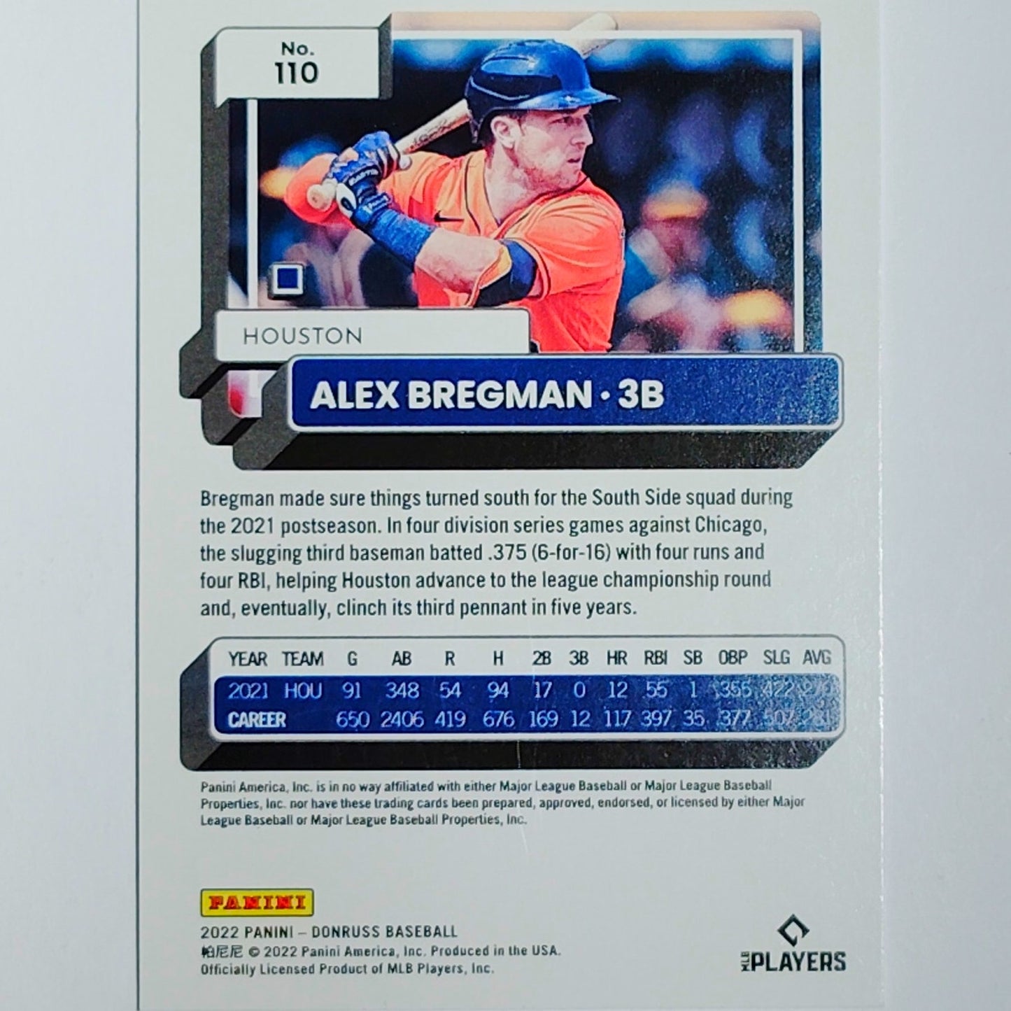 2022 Donruss #110 Alex Bregman Houston Astros Third Baseman - VG/EX