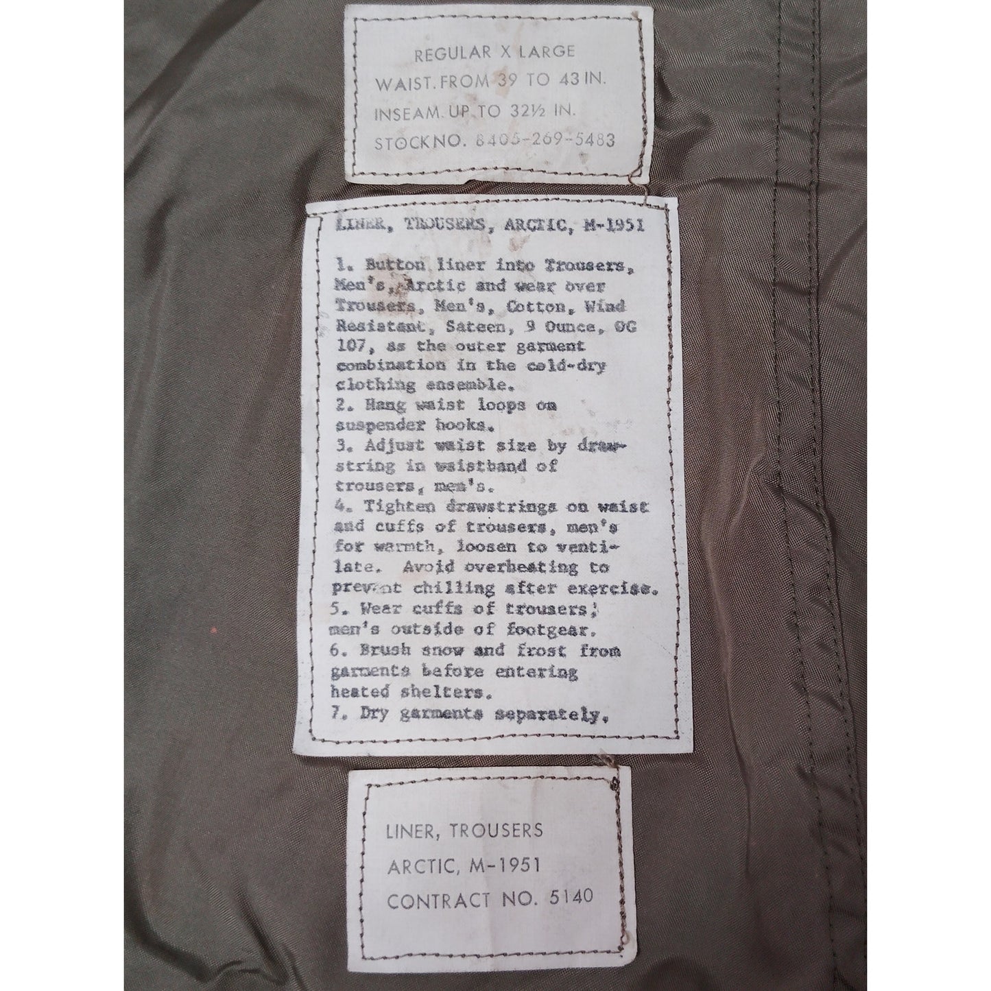 US Army Arctic M-1951 Trousers Liner Regular X-Large – NSN 8405-269-5483