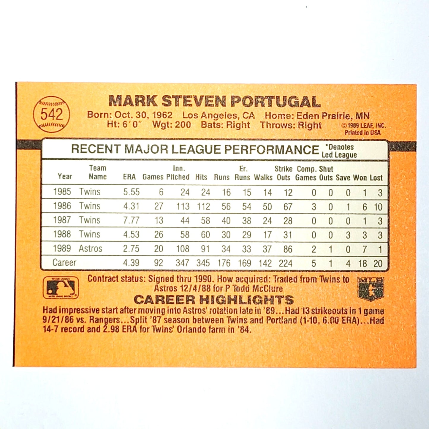 1990 Donruss #542 Mark Portugal Houston Astros Pitcher - VG/EX