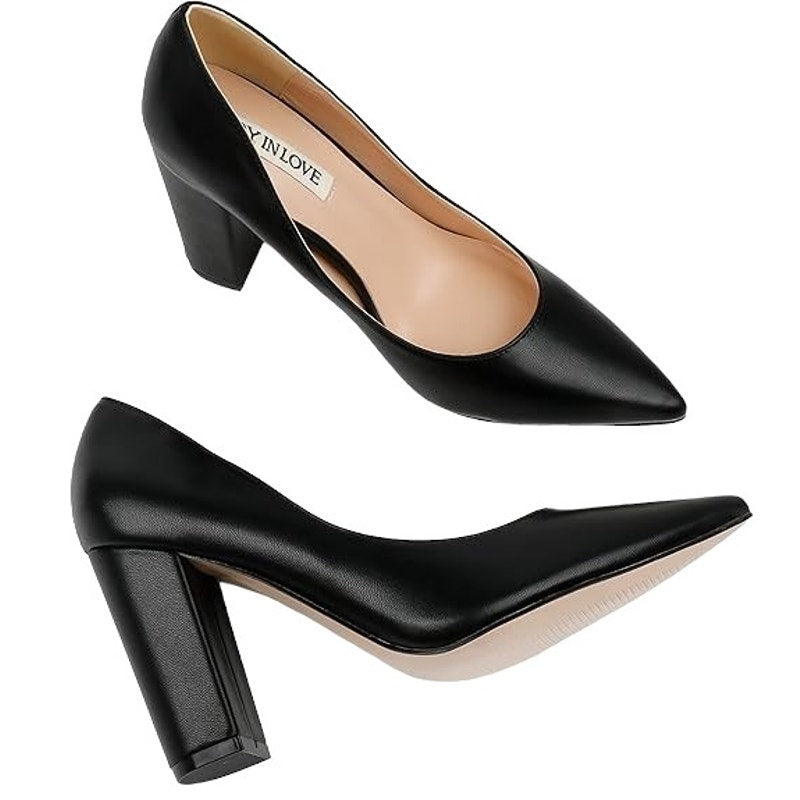 JOY IN LOVE Chunky High Block Heel Pointy Toe Dress Pumps Black Matte 7.5 LN