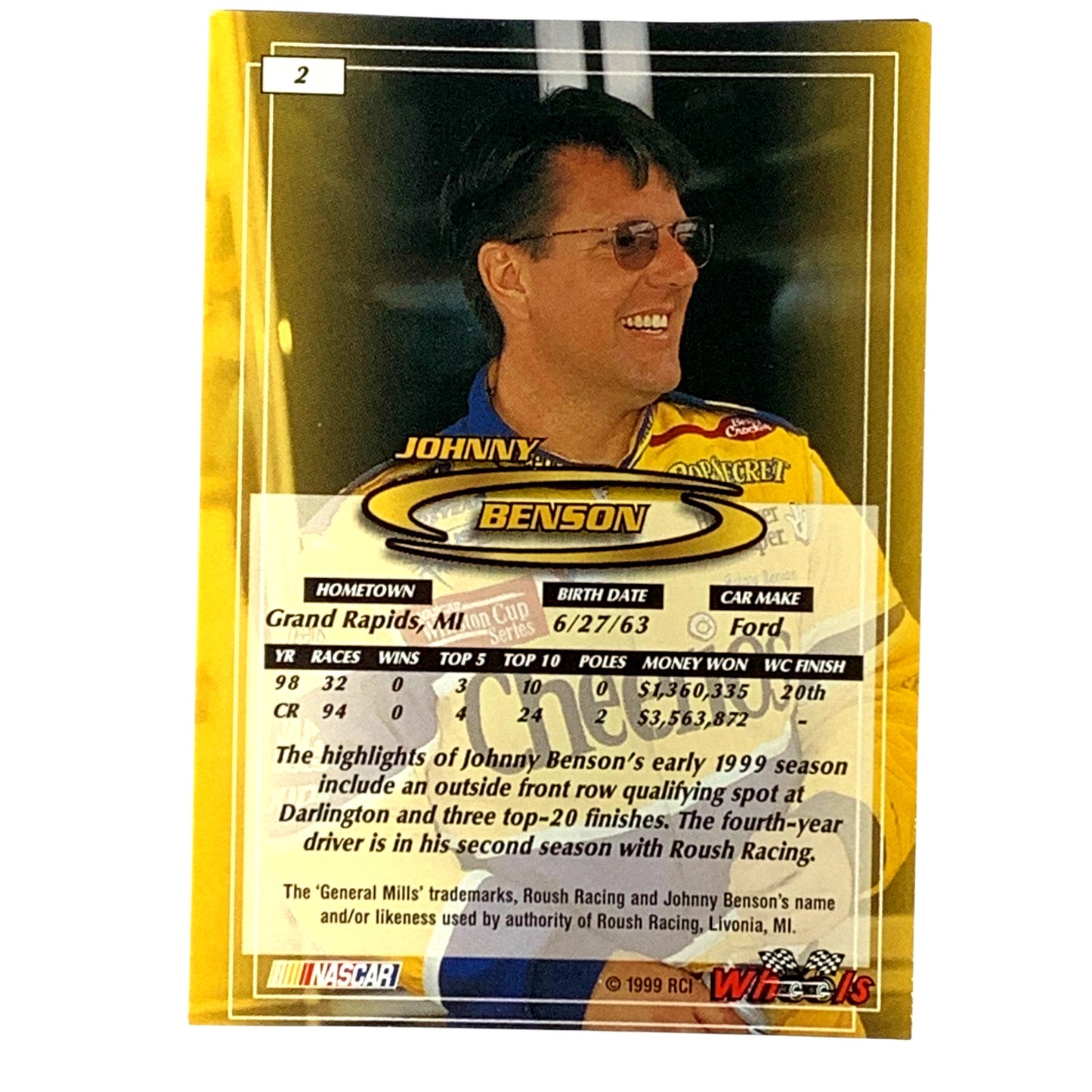 Johnny Benson, Sponsor: Cheerios, Card 2, 1999 Wheels NASCAR Winston Cup, NM+