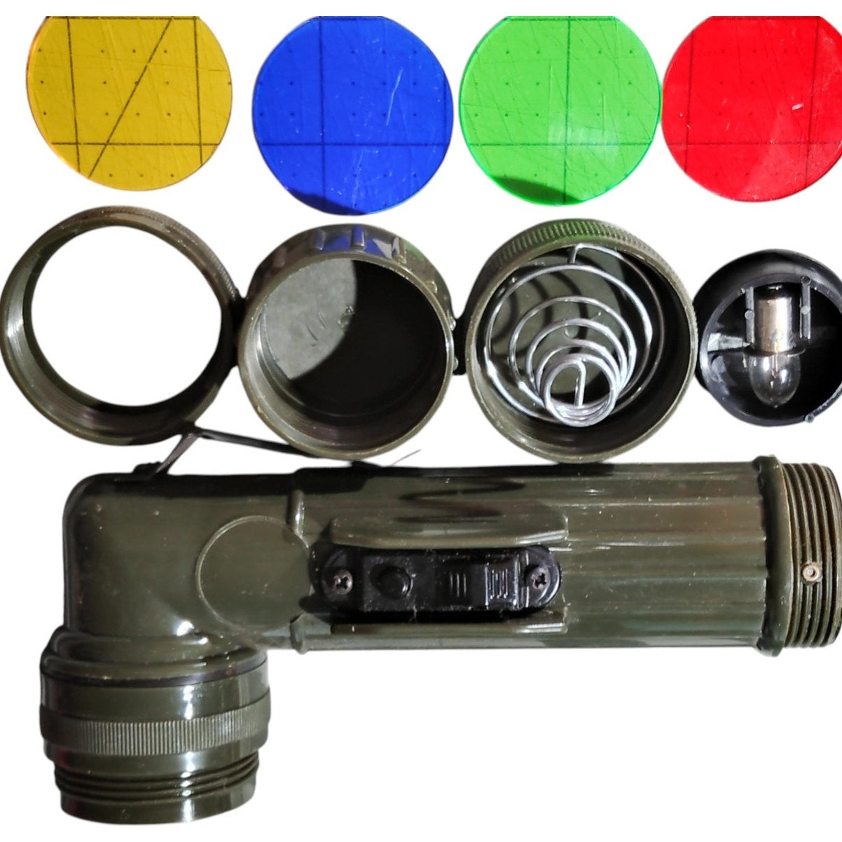 TL-122 Military Surplus Flashlight w/Red, Green, Yellow & Blue Lens & Extra Bulb