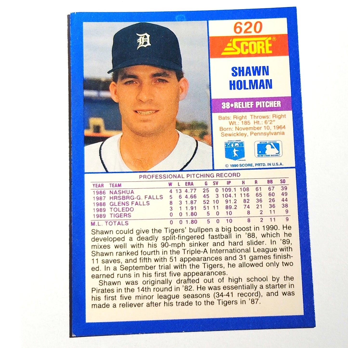 1990 Score Shawn Holman RC #620 Detroit Tigers Relief Pitcher Rookie MLB EX