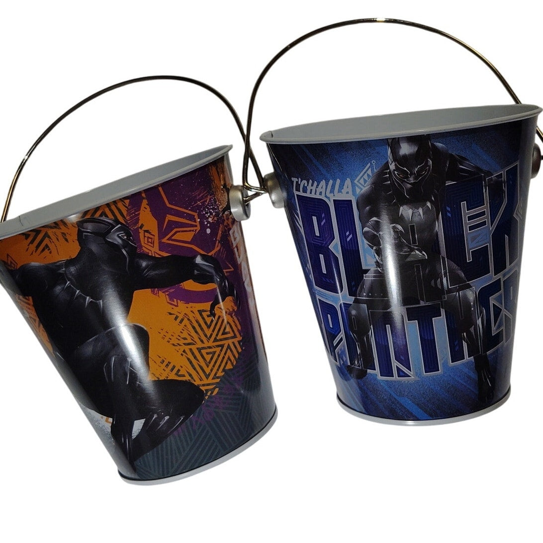 Lot of 2 Marvel Black Panther Metal Buckets by The Tin Box 4.5"H x 4.375"D Top x 2.75"D Bottom