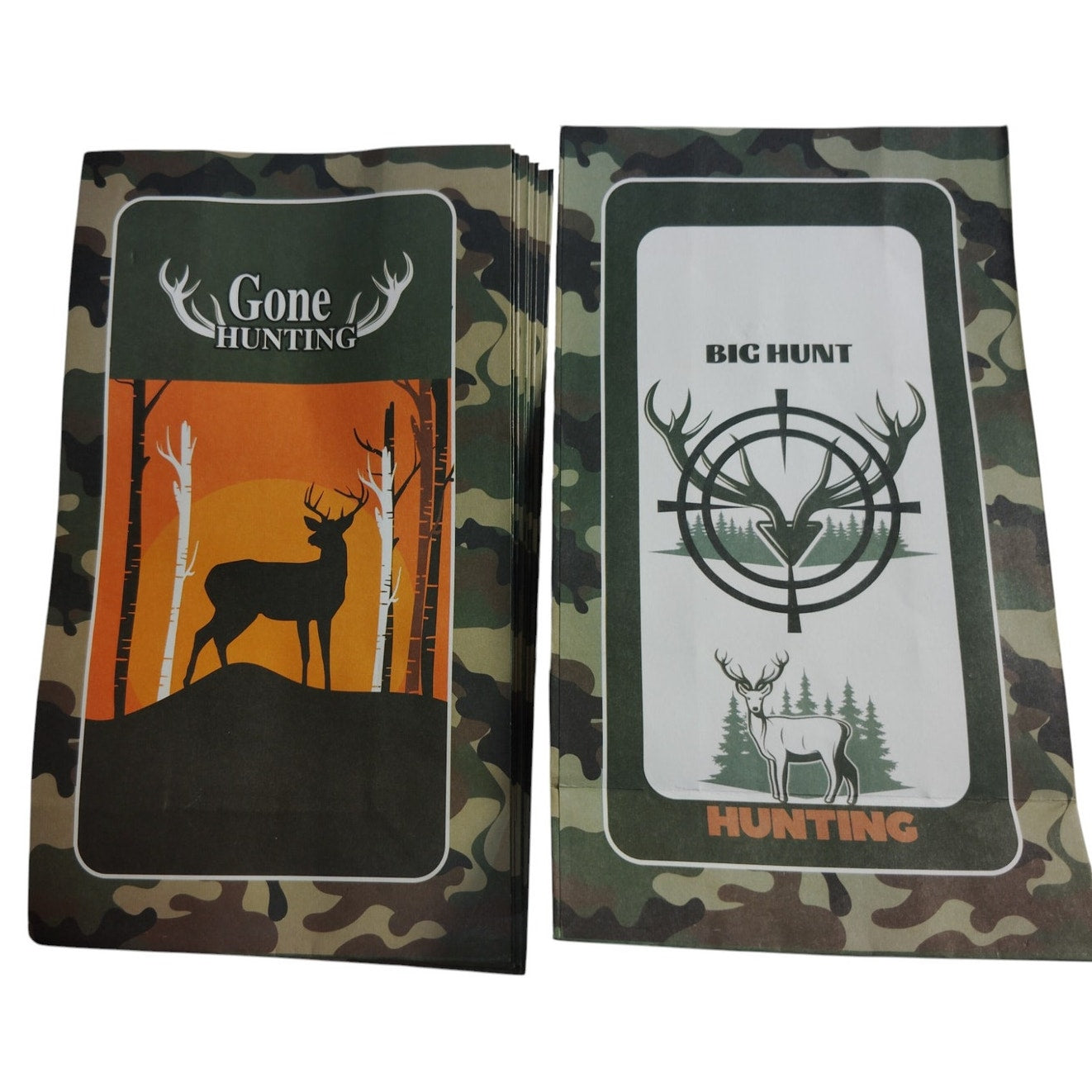 12Pcs Hunting Party Favor Bags - Camo Gift Bags w/ Deer Stickers - All Occasions