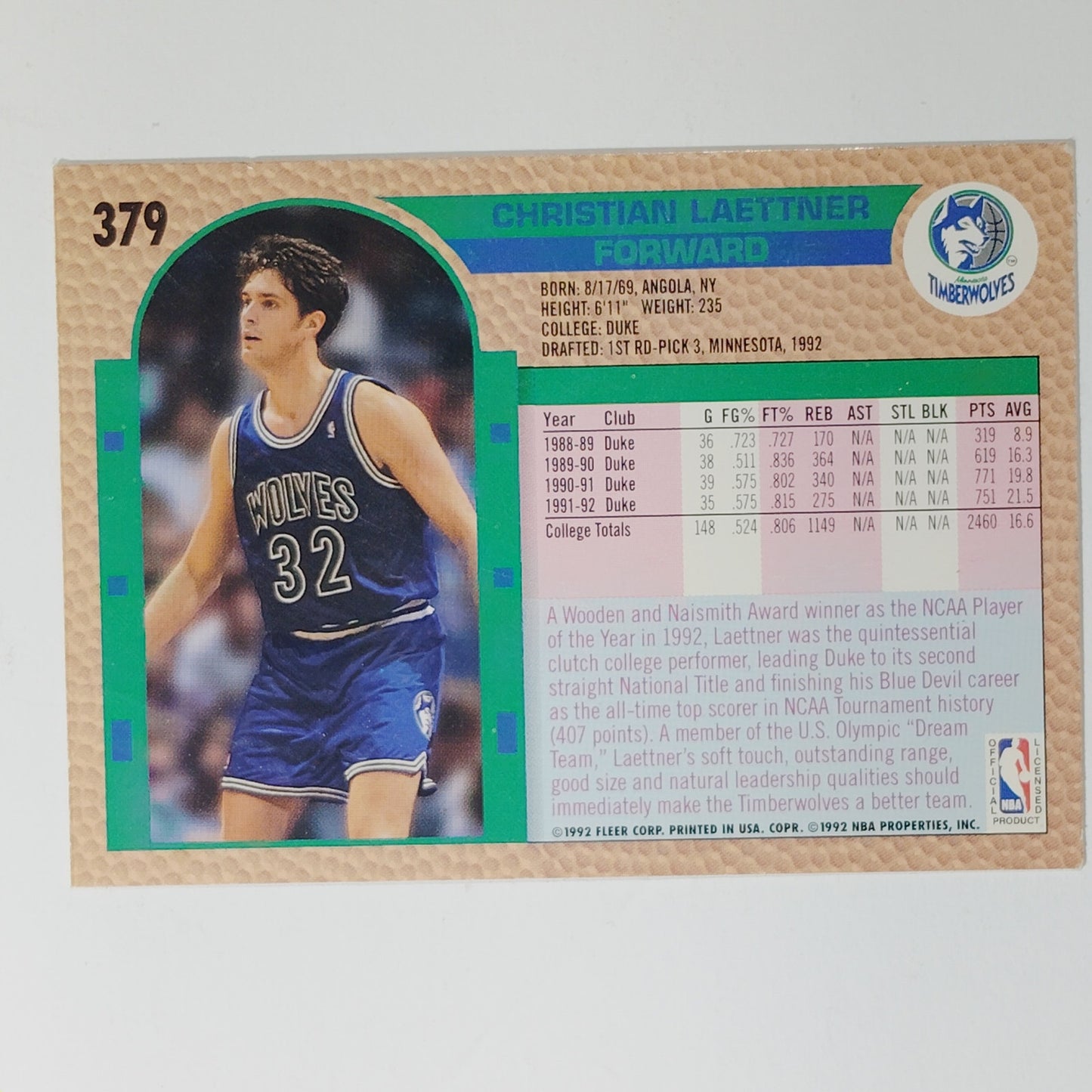 1992-93 Fleer Christian Laettner #379 HOF Minnesota Timberwolves Rookie Card