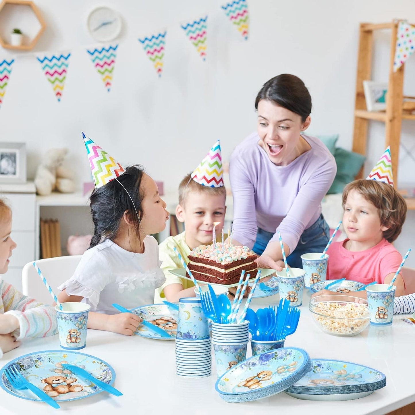 128 Pcs Bear Baby Shower, Boy's Birthday, Serving Set for 16 Guests