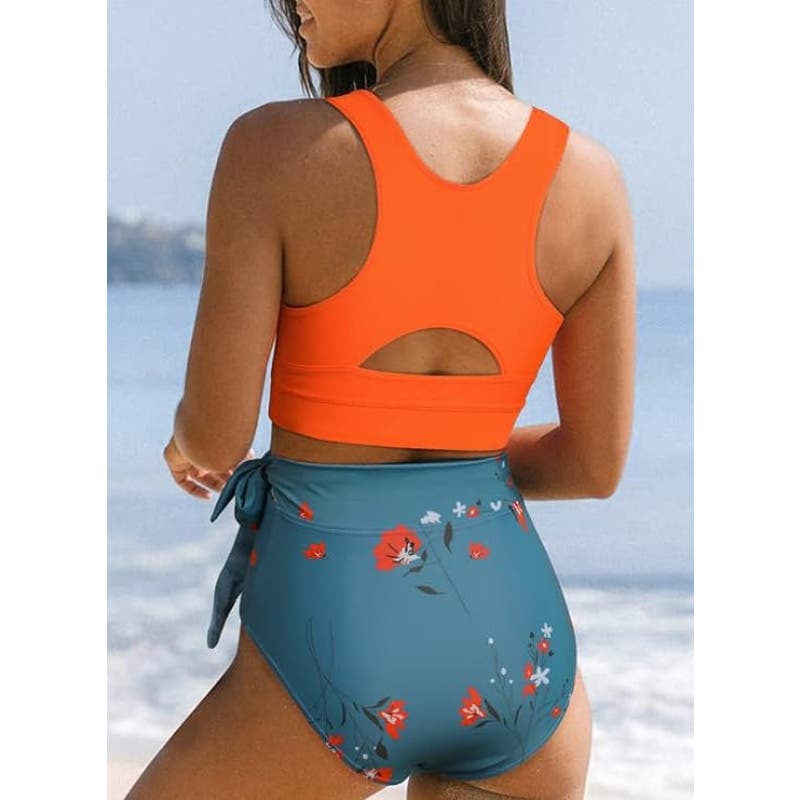 Dokotoo 2-PC Racerback Tummy Control High Waisted Tie Knot Long Lined Bikini M