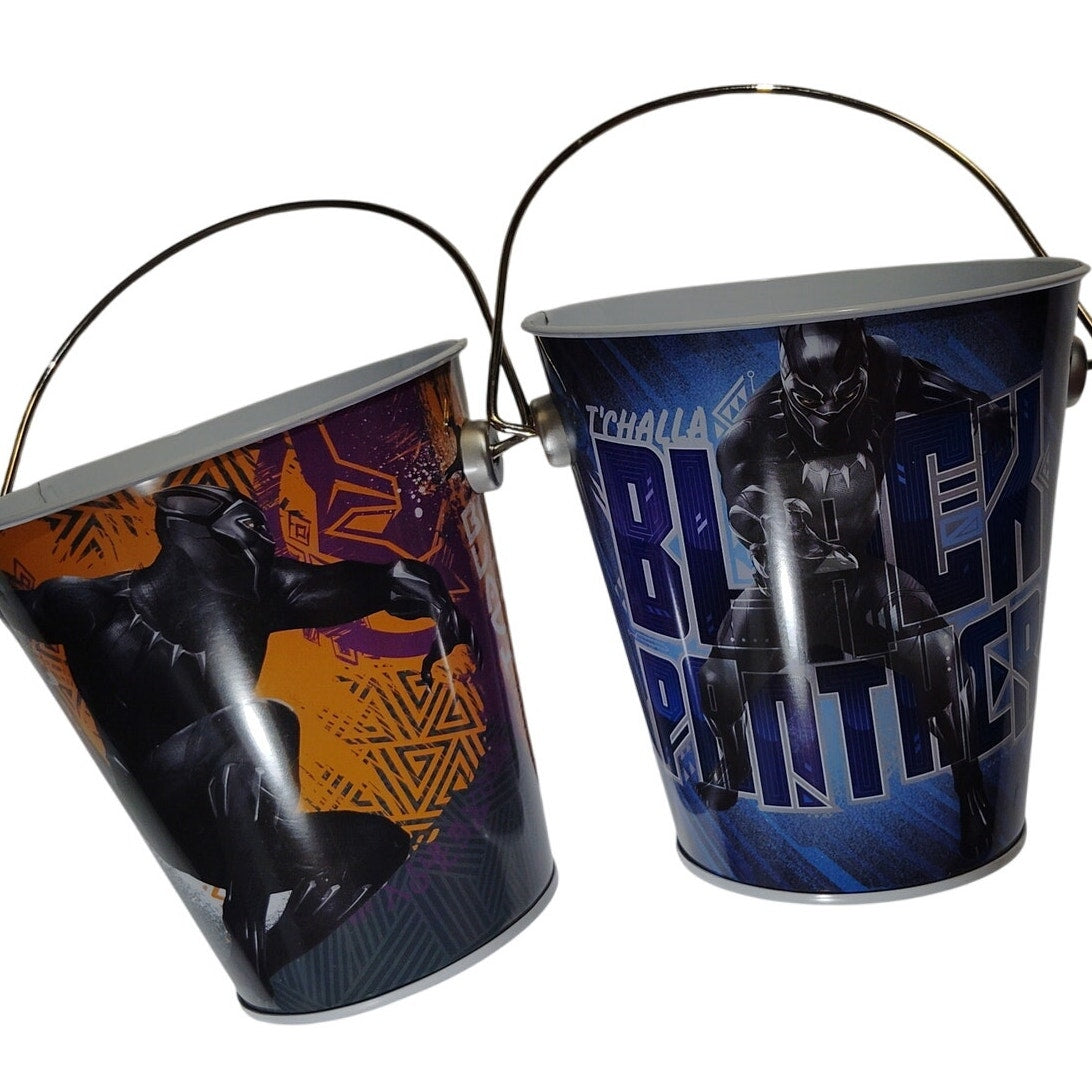Lot of 2 Marvel Black Panther Metal Buckets by The Tin Box 4.5"H x 4.375"D Top x 2.75"D Bottom