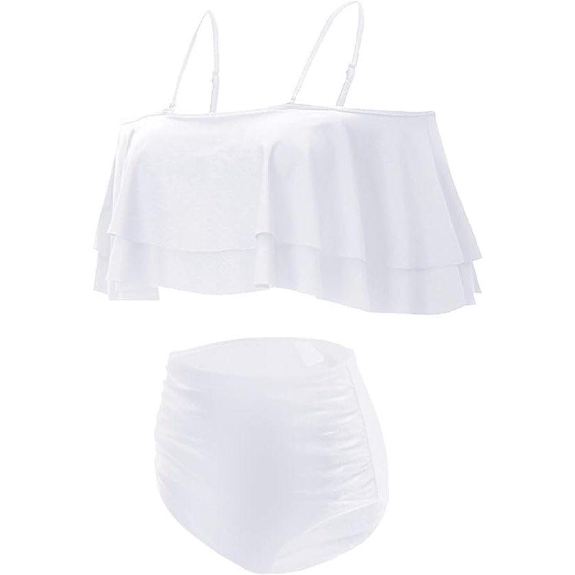 Tempt Me High Waisted Bikini Tummy Control Bottoms Ruffle Off Shoulder L(12-14)