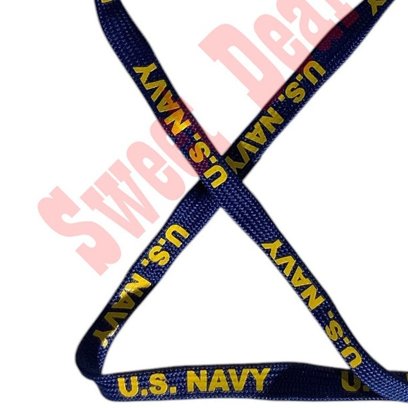 Navy Lanyard, 5/16"W, w/ End Clip for Badge/ Keyring 17"L (34"), Blue, Gold Text