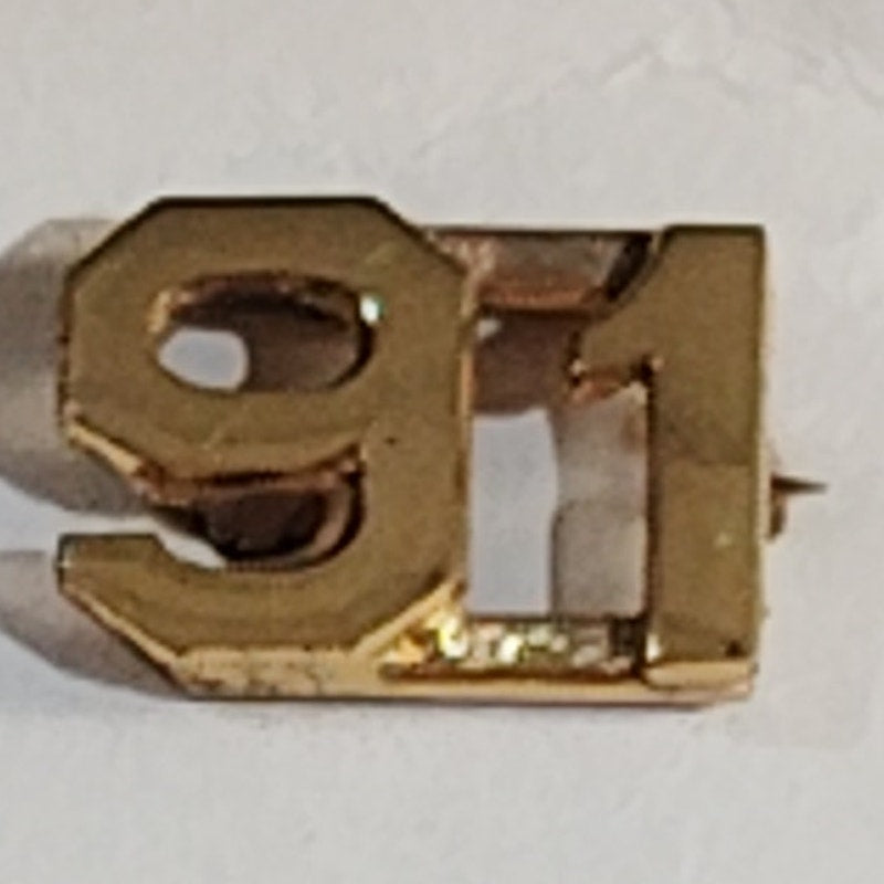 Early/Mid 1900s Brass C-Clasp "91" Collar Devices 3/8"H Hat / Lapel Pins Set