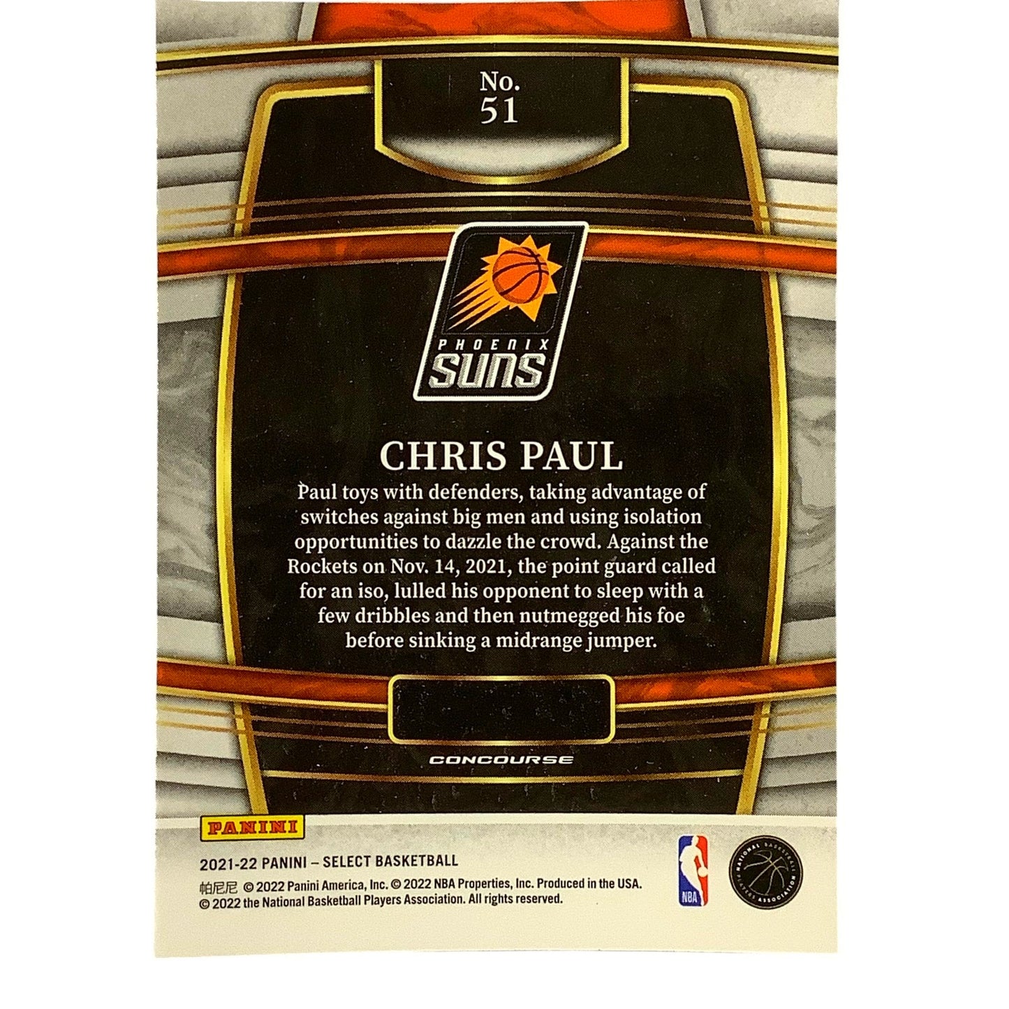 Chris Paul, Phoenix Suns, Card #51, 2021-22 NBA Panini Select