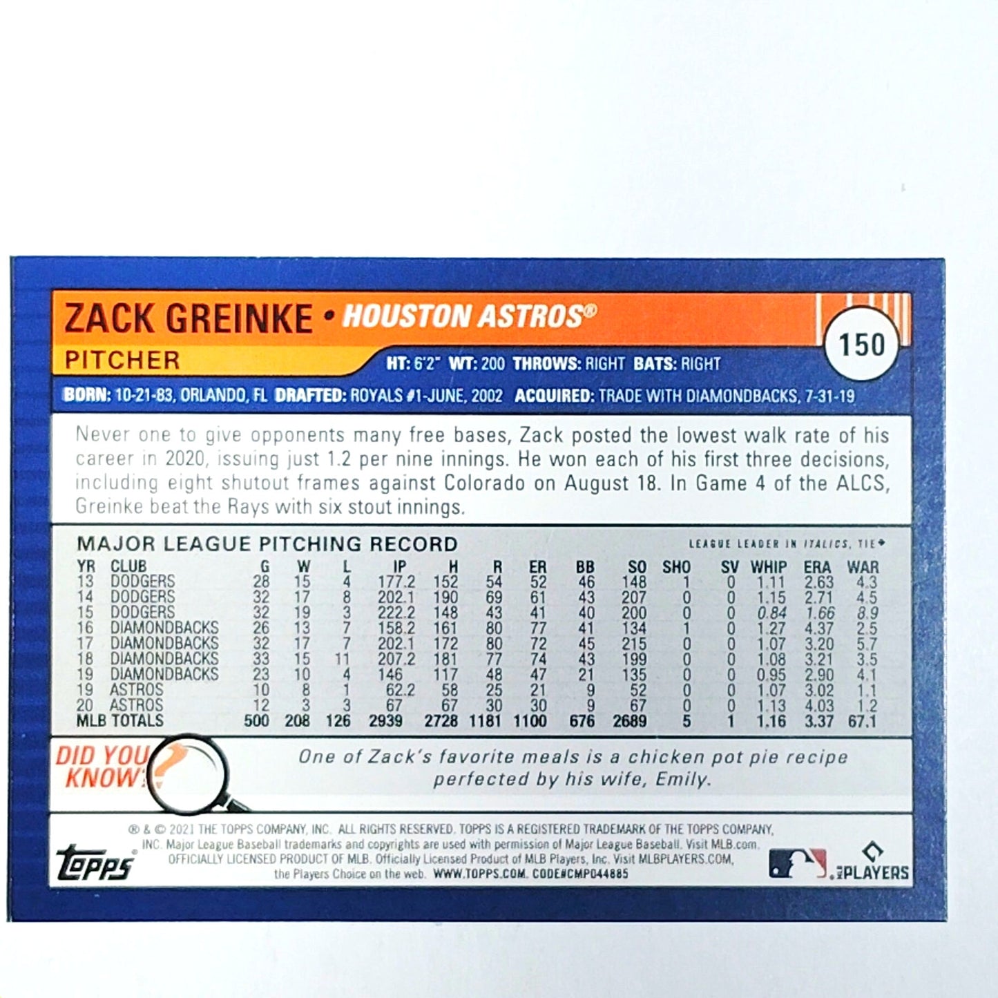 2021 Topps Big League #150 Zack Greinke Orange Houston Astros Pitcher - VG/EX