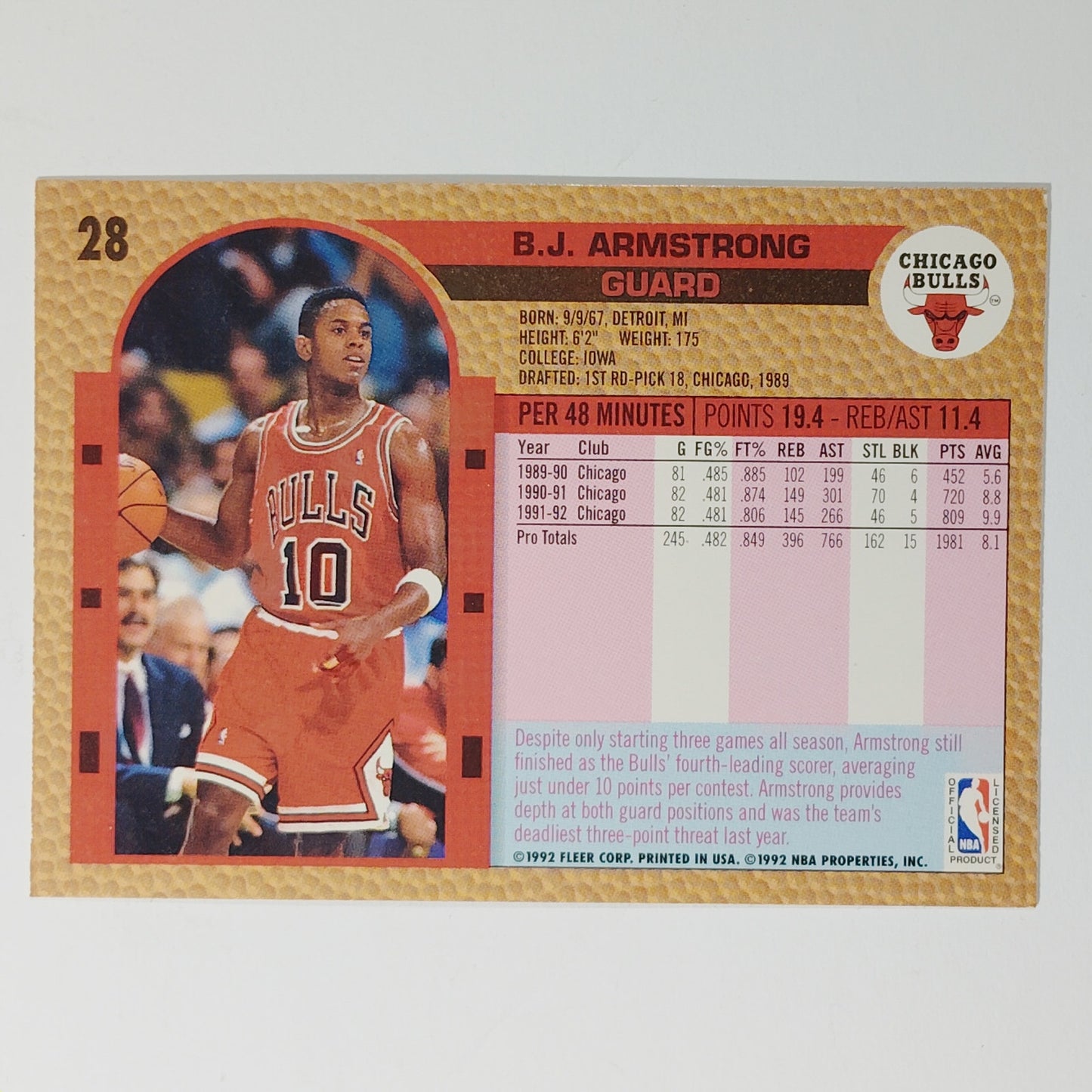 1992–93 Fleer B.J. Armstrong #28 – Chicago Bulls – Guard