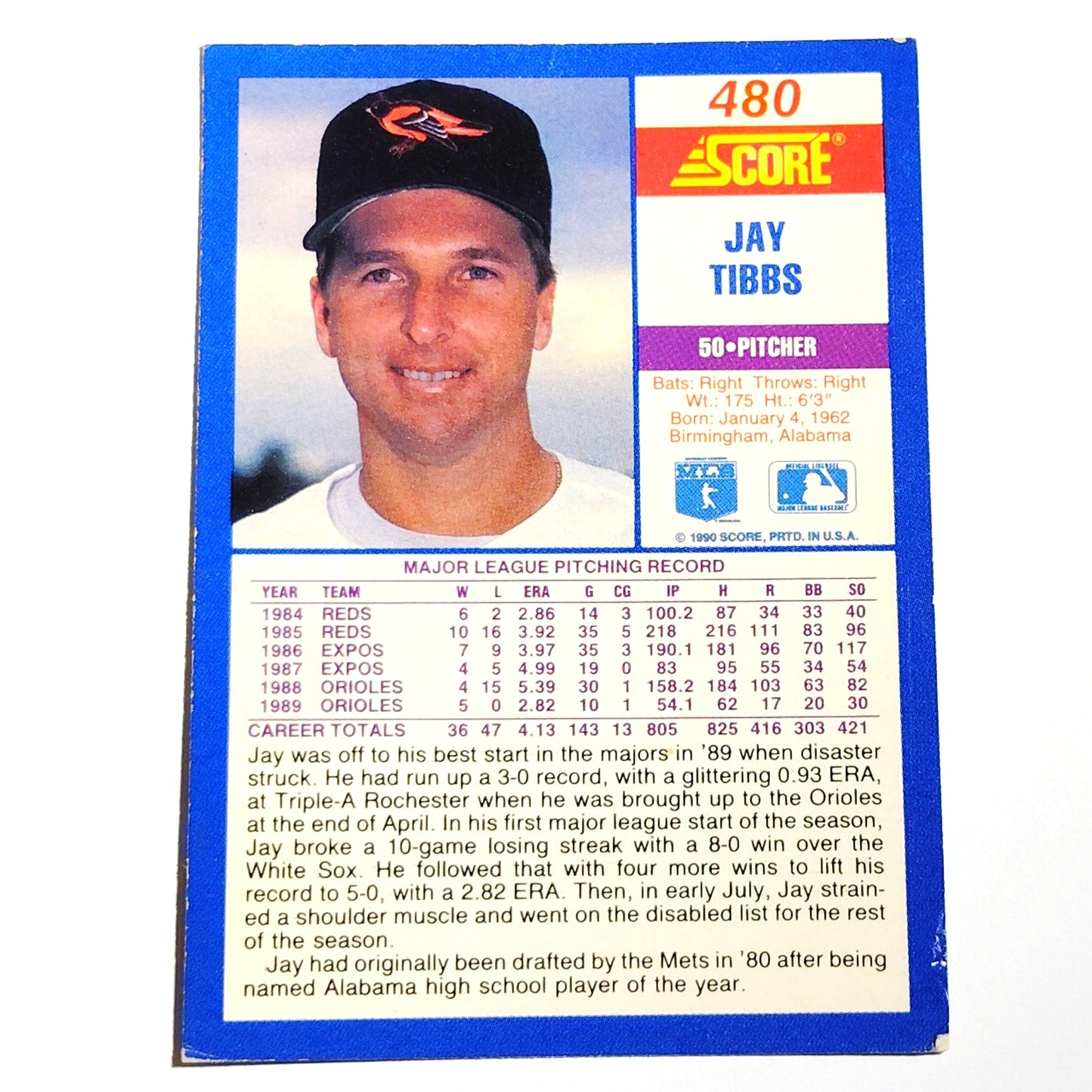1990 Score Jay Tibbs #480 Baltimore Orioles Pitcher MLB Baseball EX