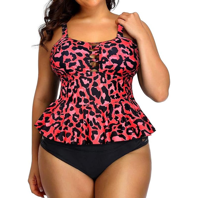 Two Piece Bathing Suit Peplum Tankini Tops High Waisted, Red Leopard, 22 Plus