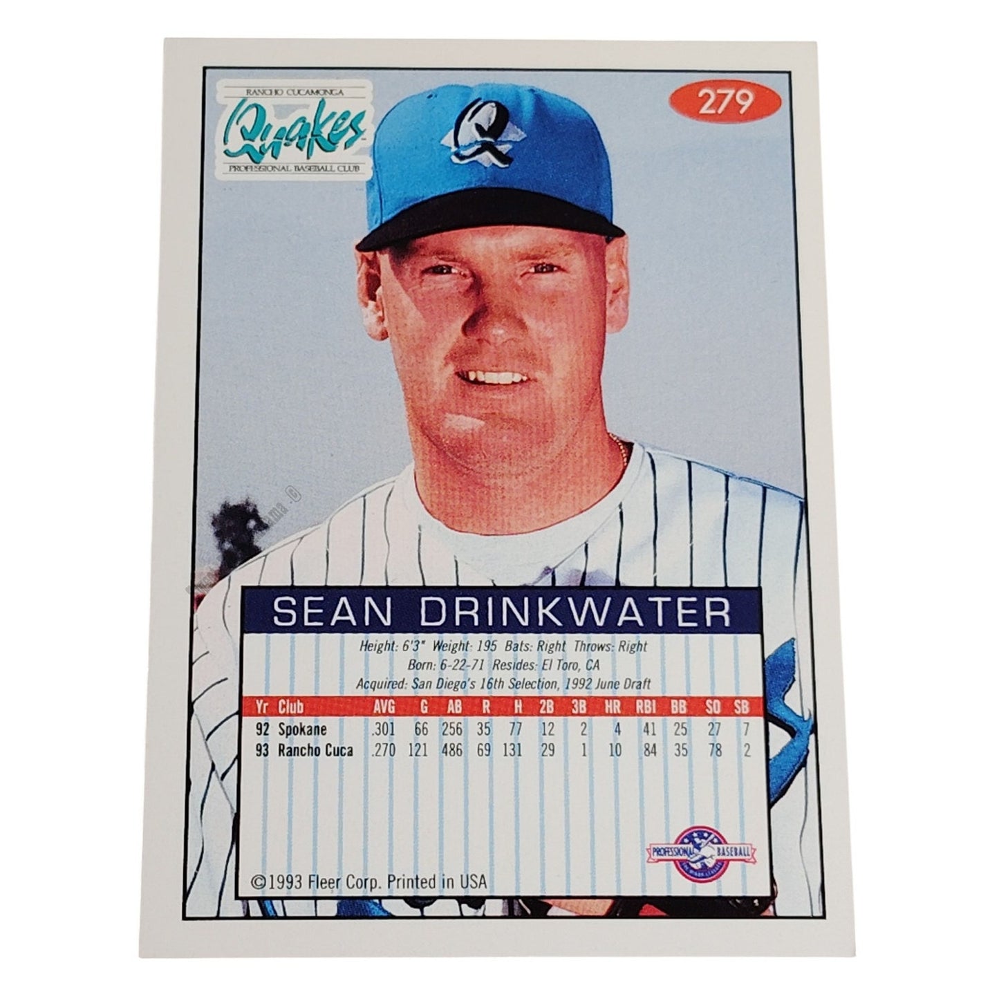 Sean Drinkwater, Rancho Cucamonga Quakers, #279, 93-94 Fleer Excel Minor Leagues