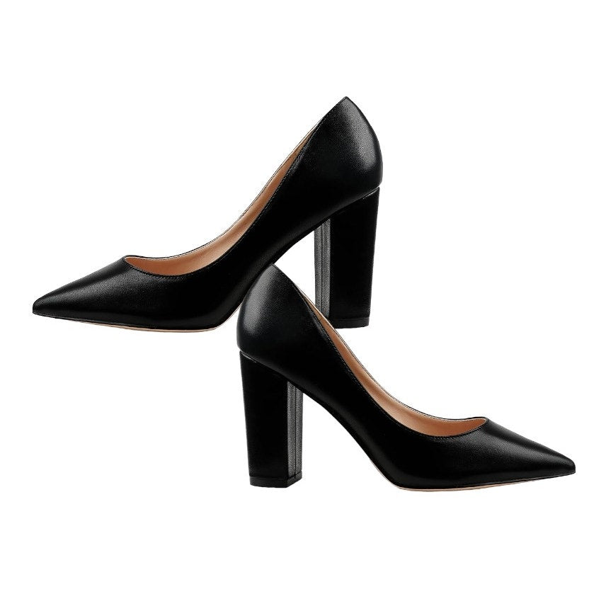 JOY IN LOVE Chunky High Block Heel Pointy Toe Dress Pumps Black Matte 7.5 LN