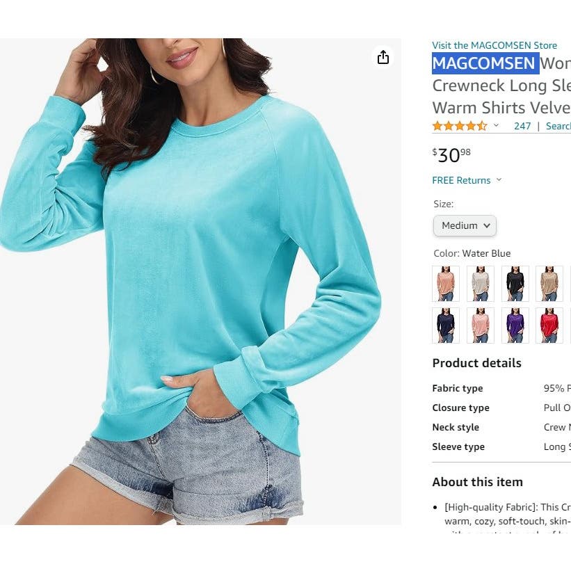 Women's Velour Casual L/S Shirt, Water Blue, Small, Velvet Top, Pullover, NWT