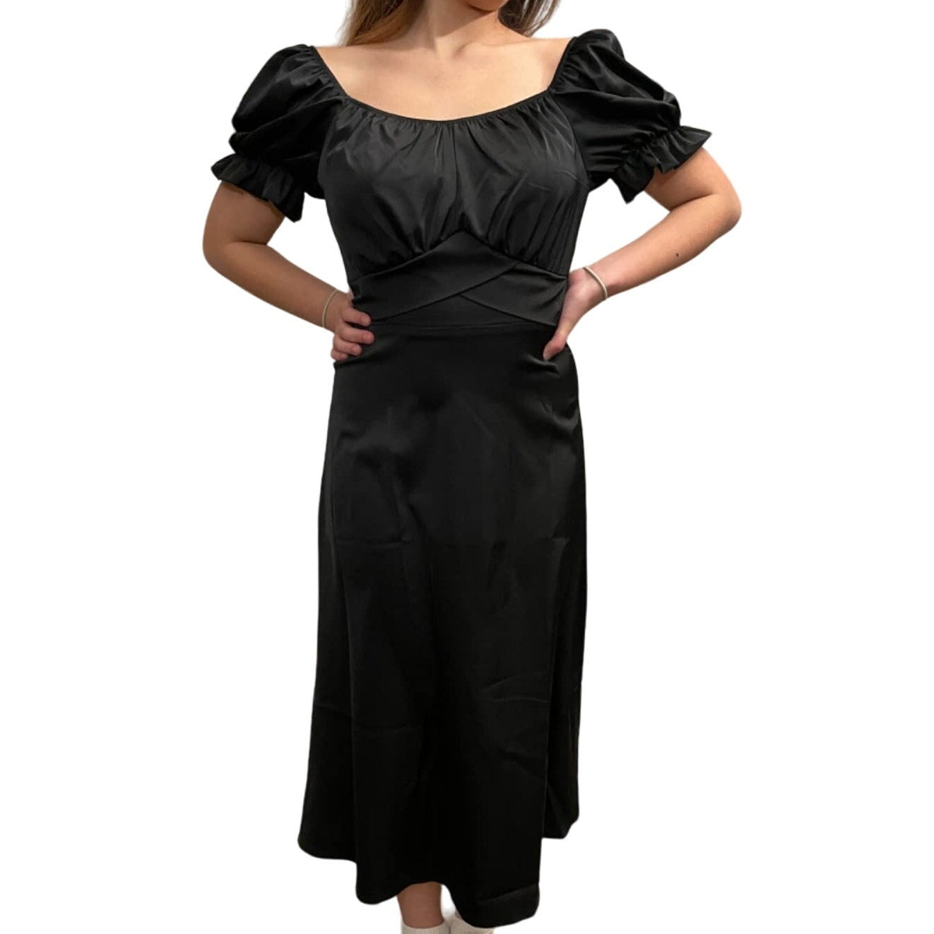 KIRUNDO 2024 Satin Midi Dress Off Shoulder Wrap Ruched, Slim Fit, XL (16)