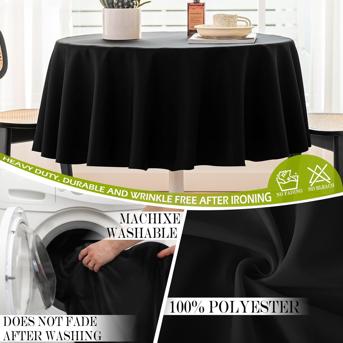 60 Inch Round Tablecloth – Black Polyester, Fits Max 50 Inch Diameter Table Top