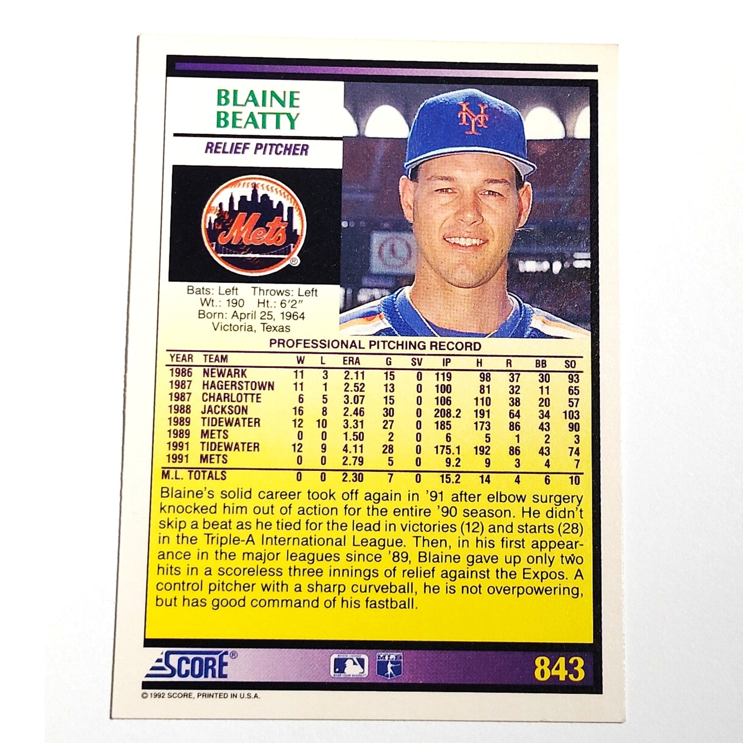 1992 Score Blaine Beatty RC #467 New York Mets Pitcher Rookie Prospect Card NM