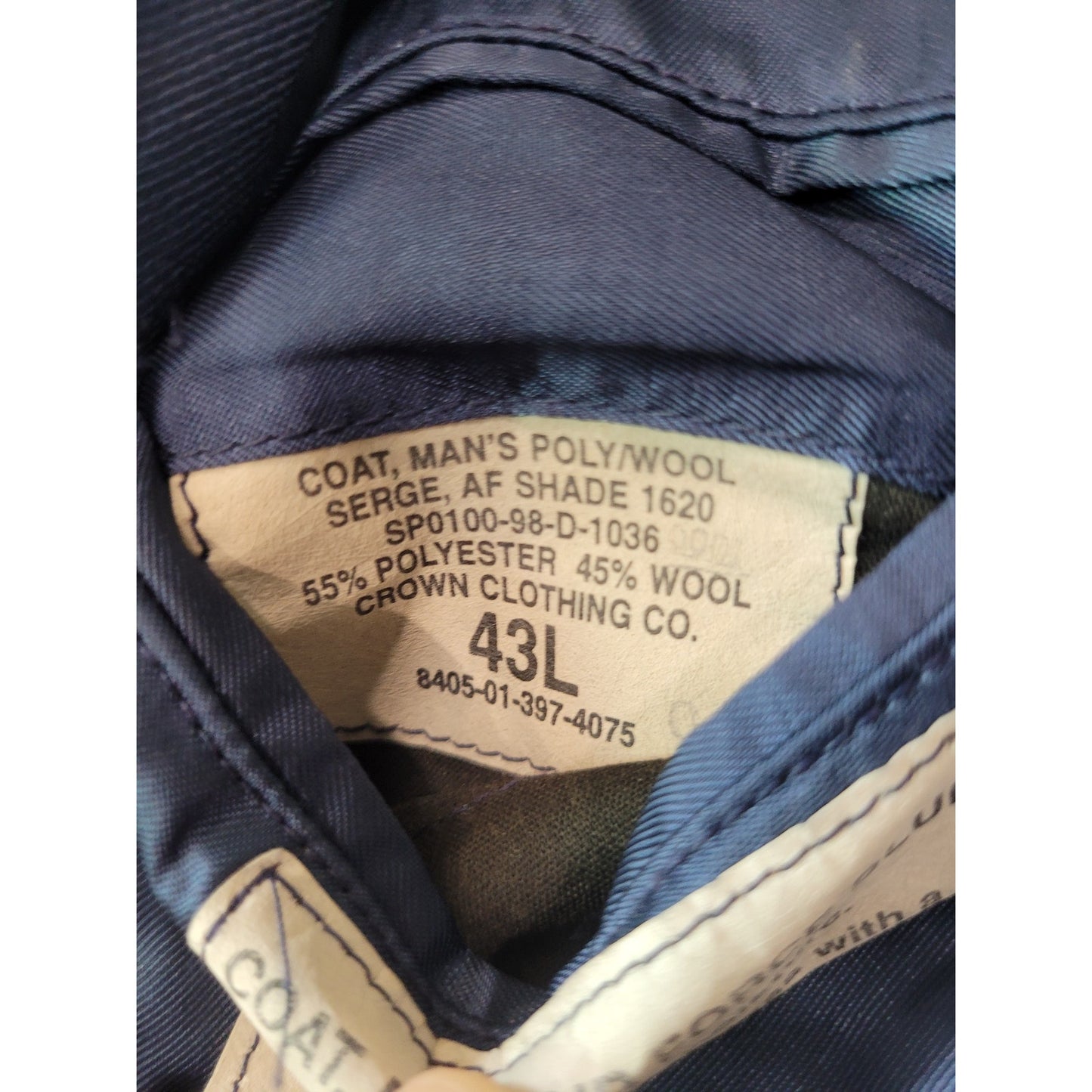 1998 USAF Men’s Dress Blue Coat – Shade 1620, 43L, Poly/Wool Serge, Crown Clothing Co.