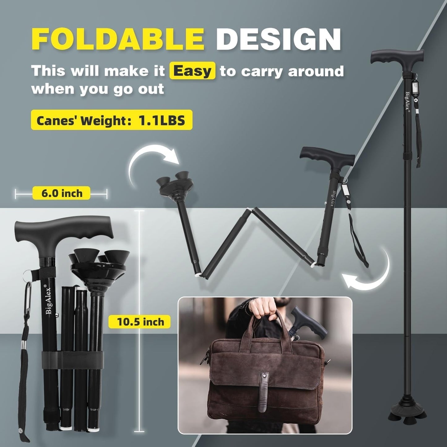 BigAlex Folding Walking Cane – Adjustable Height – 350 lb Support