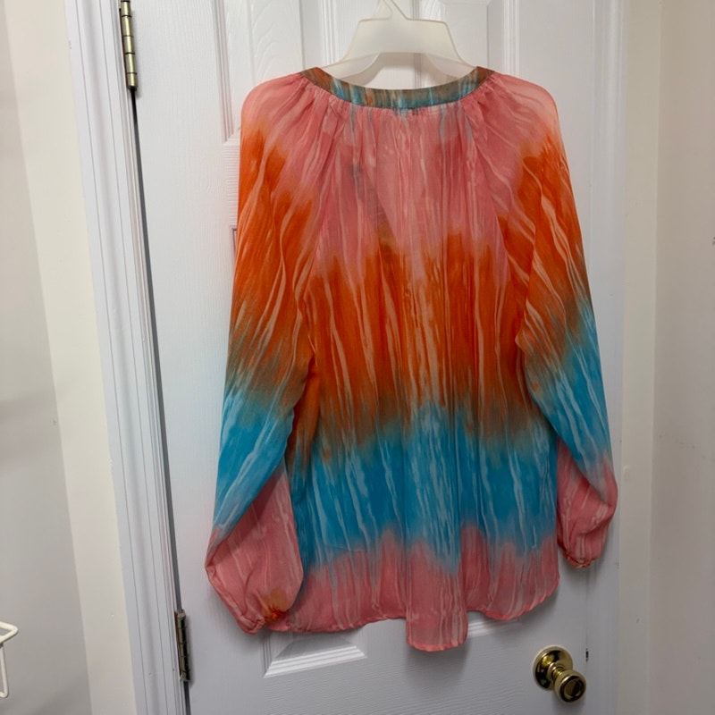Katie's Kloset Tie Dye Blouse L Orange Teal Pink Sheer Crinkled V-Neck Top