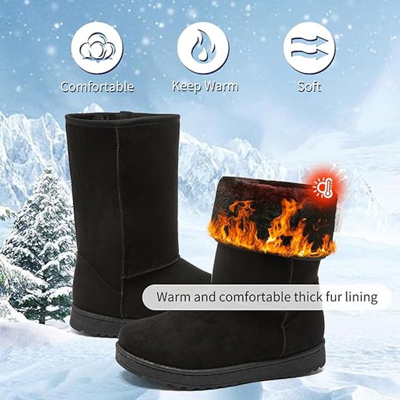 Women's Cold Weather Boots, Mid Calf, Fur Lined, Black, Size 9, Snow Boots