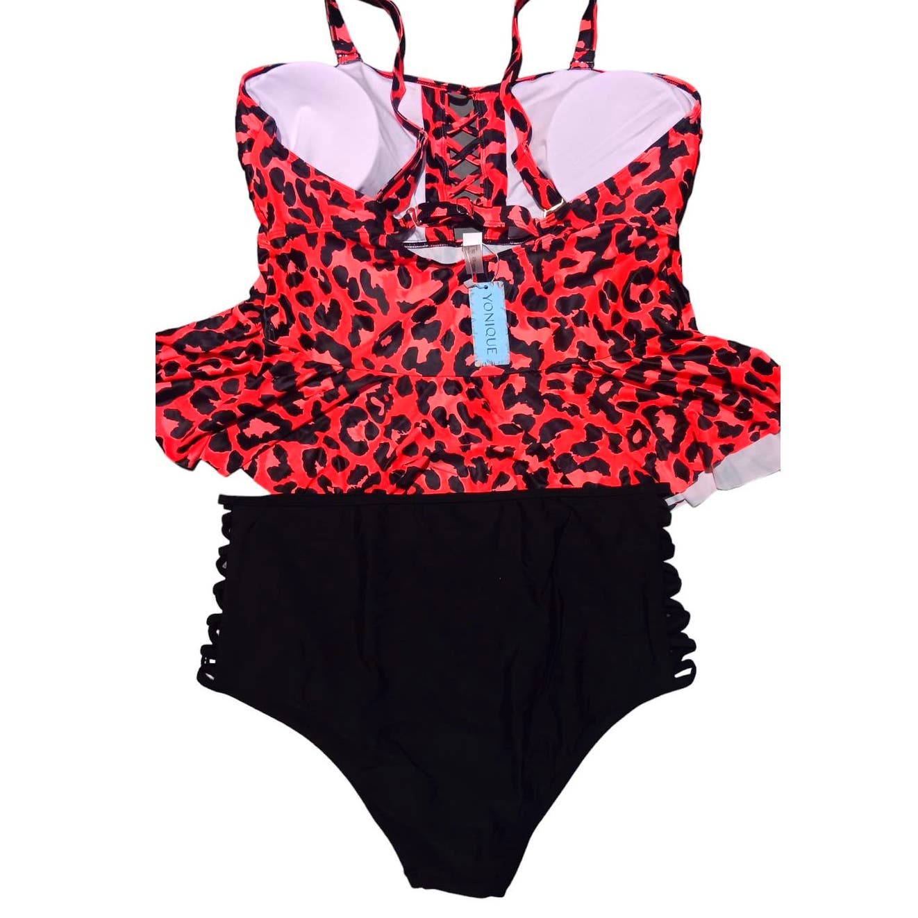 Two Piece Bathing Suit Peplum Tankini Tops High Waisted, Red Leopard, 22 Plus