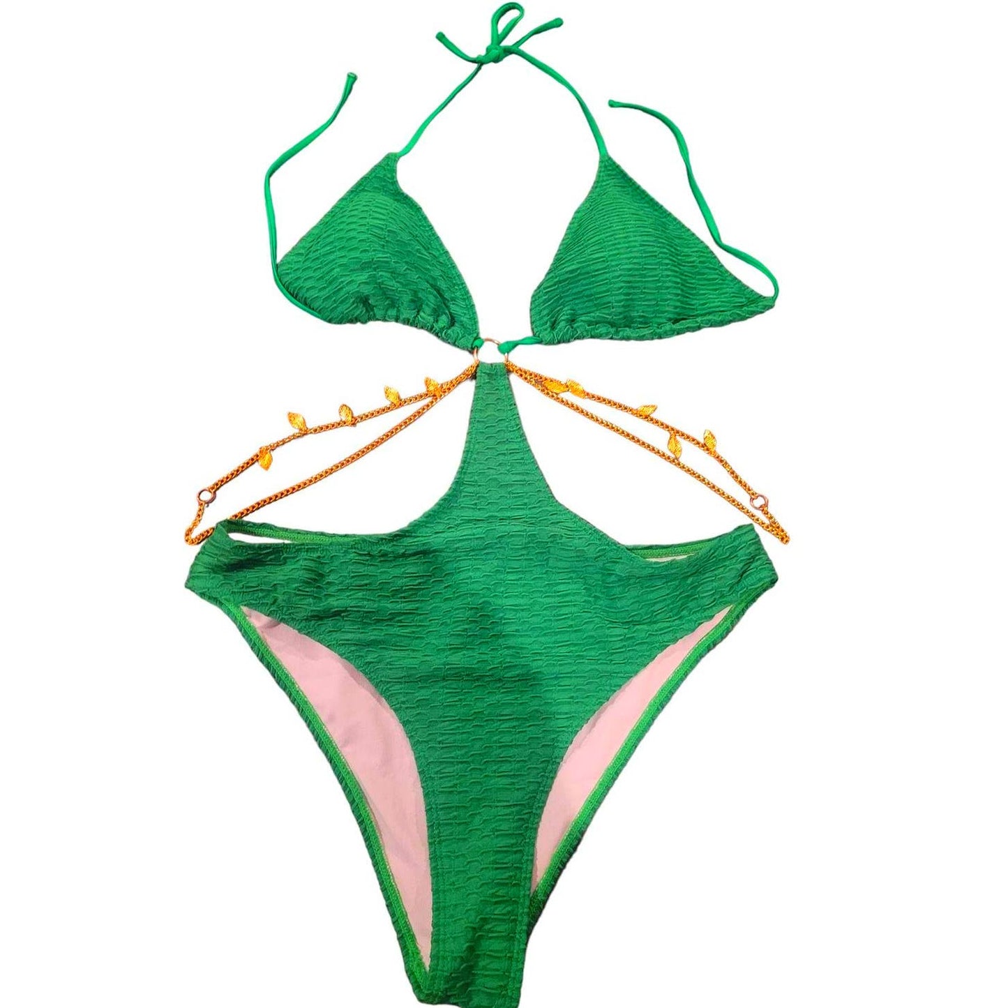 OYOANGLE Chain Linked Cut Out Halter 1-Piece Tummy Control, Army Green, XL (14)