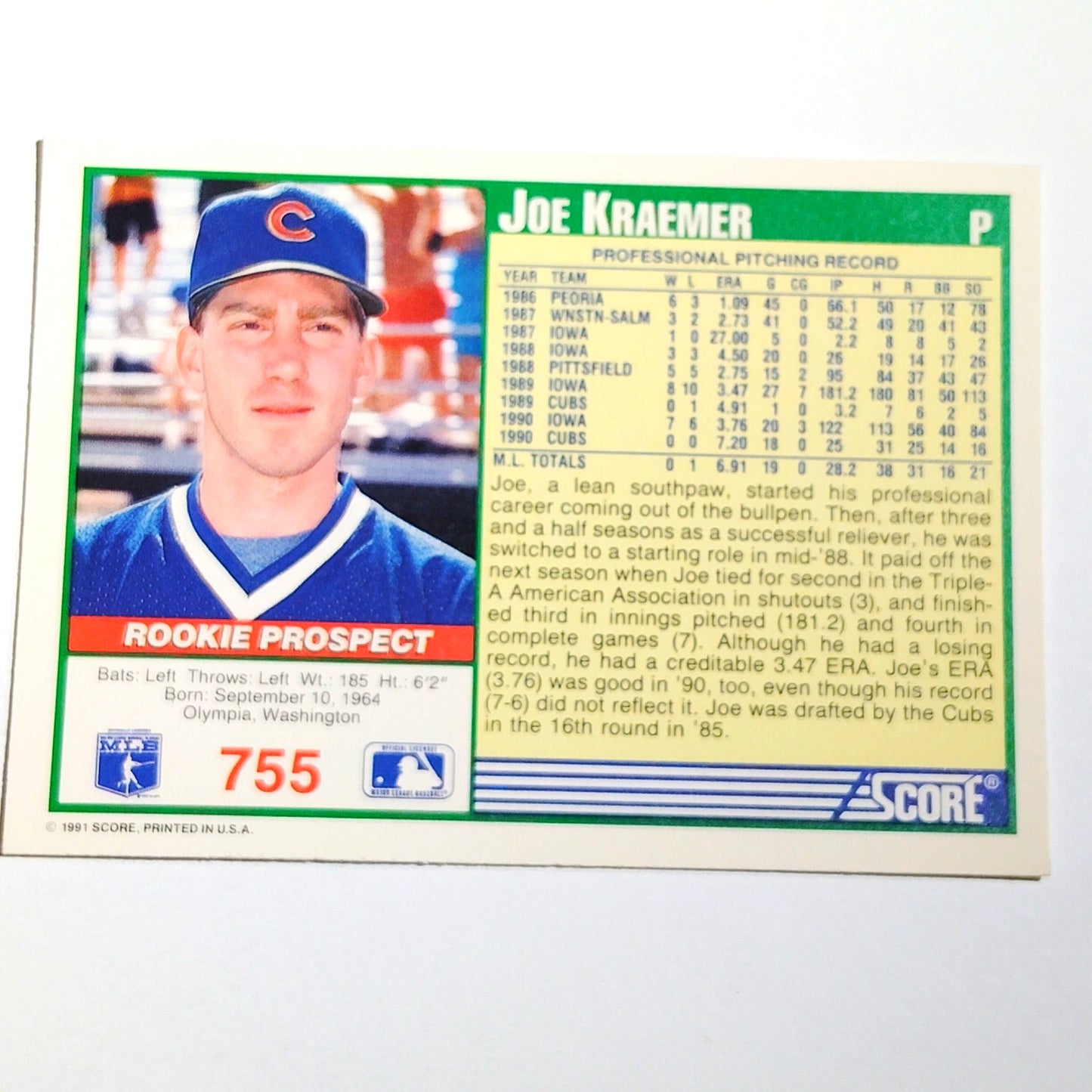 1991 Score Joe Kraemer #755 Chicago Cubs Pitcher Rookie Prospect Card NM