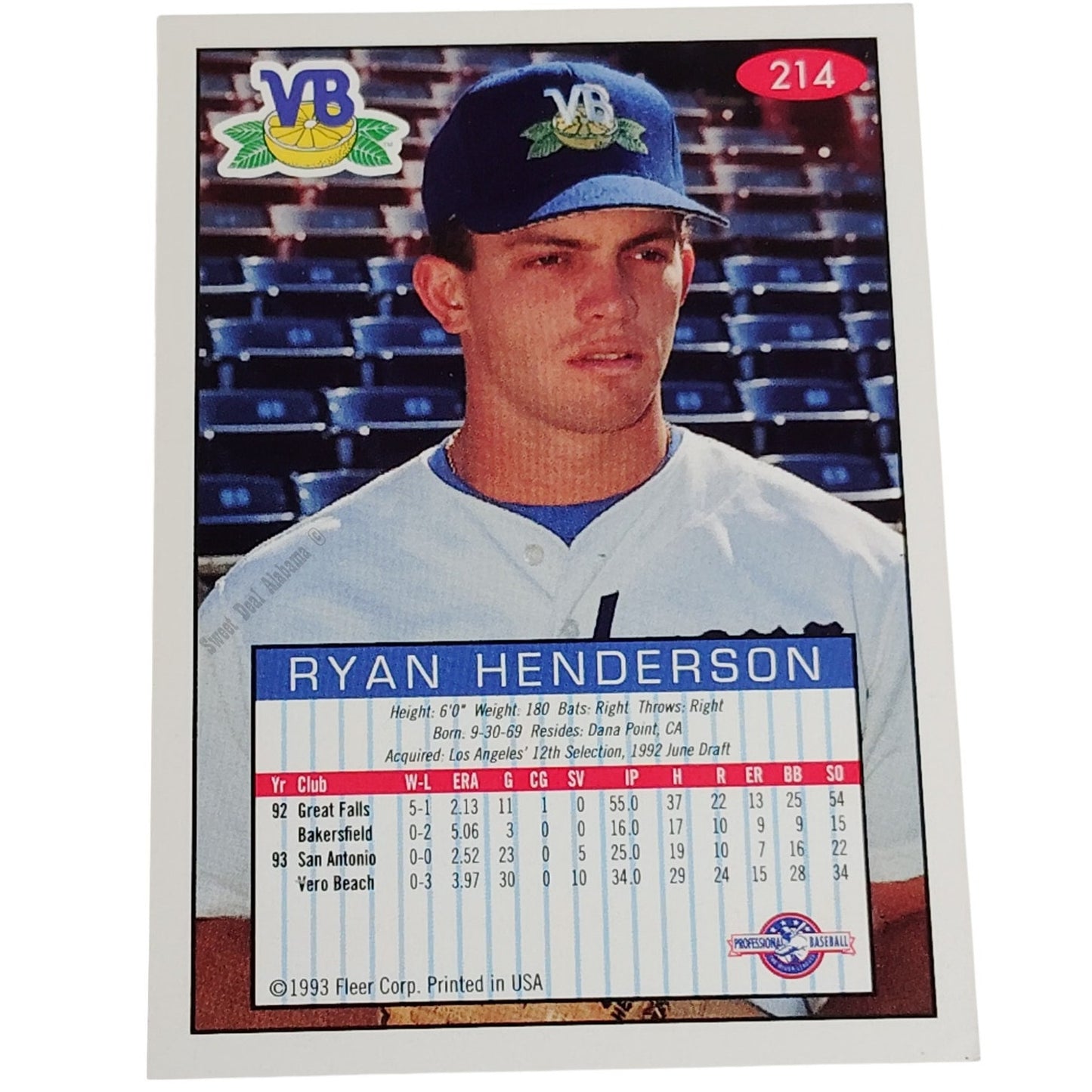Ryan Henderson, Vero Beach Dodgers, No. 214, 93-94 Fleer Excel Minor Leagues