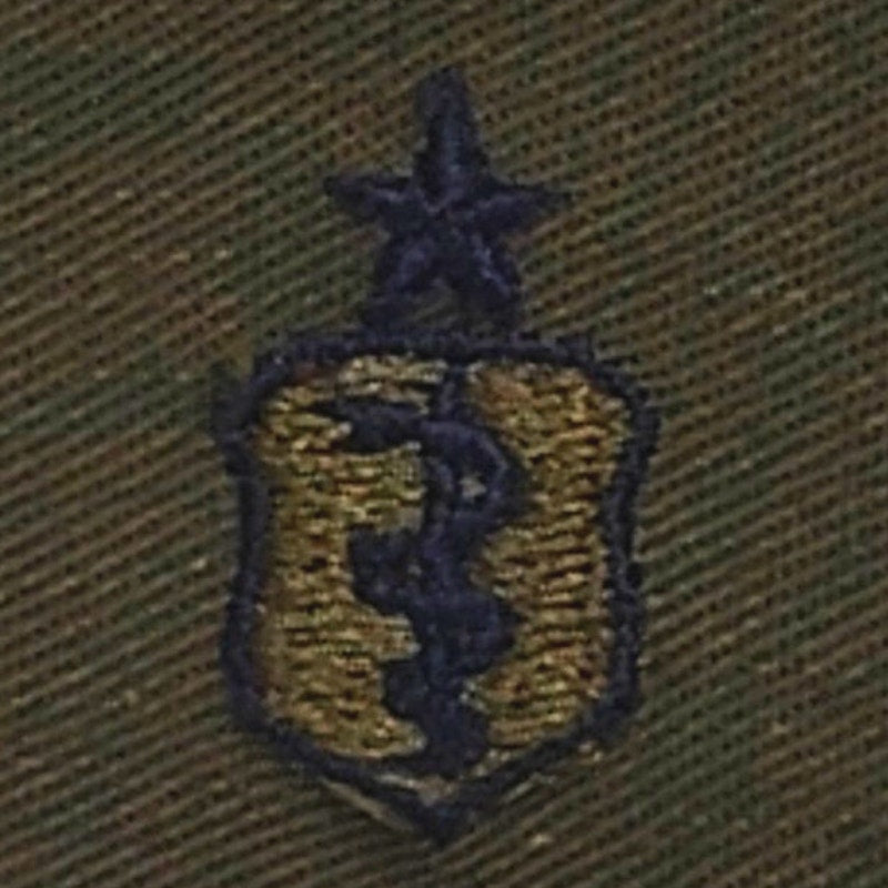 Vintage Senior Medical Device Insignia – 2" x 2" Sew-On Patch, Navy Blue Embroidery on ODG Twill